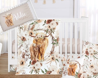 Baby Girl Floral Crib Bedding Set, Highland Cow Nursery Bedding, Boho Rustic Fall Autumn Floral Baby Bedding, Western Nursery