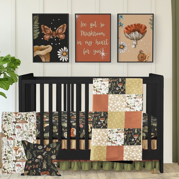 Mushroom Nursery Crib Bedding Set, Moody Earth tones Baby Girl Bedding, Woodland Butterfly Mushroom Baby Bedding, Cottagecore Baby Bedding