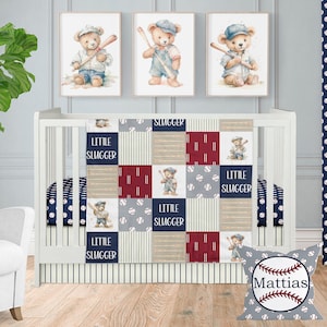Baseball Nursery Crib Bedding, Baby Boy Nursery, Teddy Bear Baseball Baby Bedding Crib Set, Baby Boy Sports Themed Nursery Bedding