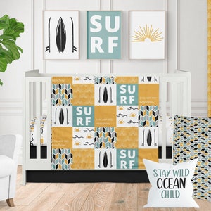 Surf Nursery Crib Bedding Beach Baby Bedding Set Surfboard Baby Boy Yellow and Blue Nursery Decor Etsy