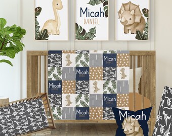 Dinosaur Nursery Crib Bedding Set - Blue Baby Boy Crib Set, Personalized Shower Gift in Dino Theme