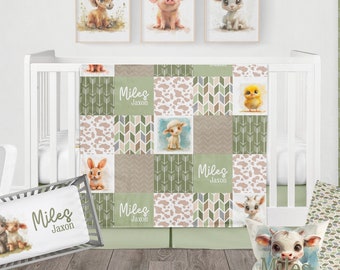 Personalized Baby Boy Nursery, Baby Farm Nursery Crib Bedding, Baby Farm Animals Crib Set, Baby Name Gift, Green Nursery Bedding Boy