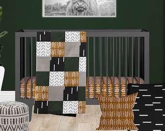 Boho Crib Bedding Set, Nursery Baby Boy Bedding, Gold Black Gray and Dark Green Crib Bedding