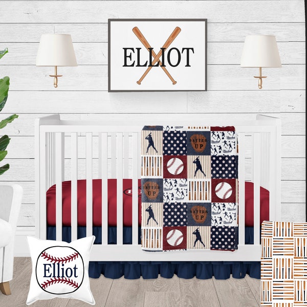Baseball Nursery Bedding, Crib Bedding Set Baby Boy, Sports Themed Blanket, Personalized Sheet, Pillow with Name, Red Navy Blue Baby Bedding