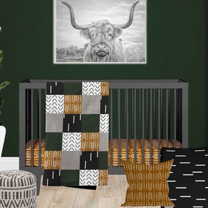 Boho Crib Bedding Set, Nursery Baby Boy Bedding, Gold Black Gray and Dark Green Crib Bedding