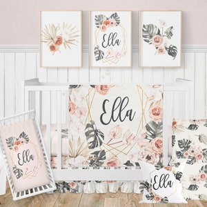 Boho Floral Crib Bedding Set – Baby Girl Nursery Bedding, Blush and Gold Baby Bedding, Tropical Botanical Crib Set, Baby Shower Gift