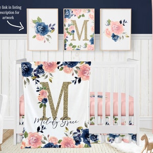 Floral Baby Bedding Set Custom Crib Bedding in Pink and Navy Blue Rose Nursery Decor Etsy