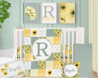 Sunflower Crib Bedding Set, Girl Nursery Bedding, Floral Personalized Baby Girl Farmhouse Baby Bedding Set