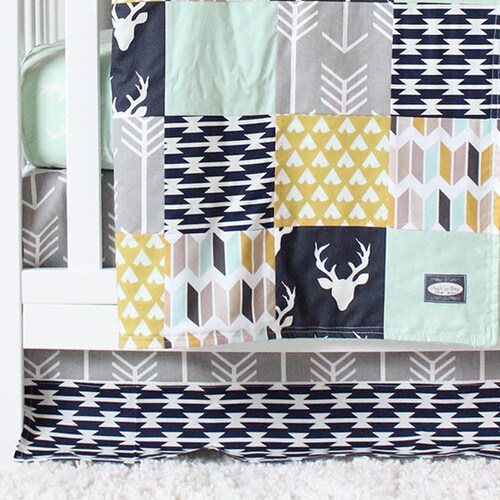 Baby Boy Crib Bedding Set in Mint Navy Blue and Mustard Etsy