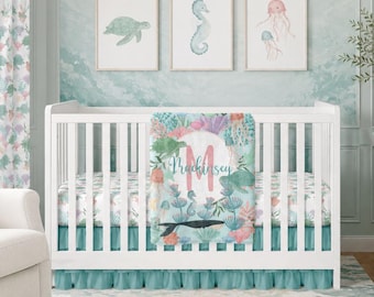 Personalized Ocean Baby Crib Bedding for Girl, Sea Turtle Minky Blanket, Under the Sea Nursery Decor