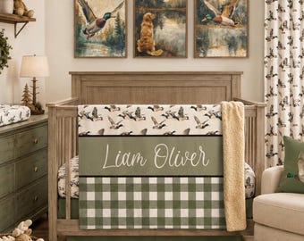 Personalized Duck Crib Bedding, Baby Boy Woodland Nursery Decor