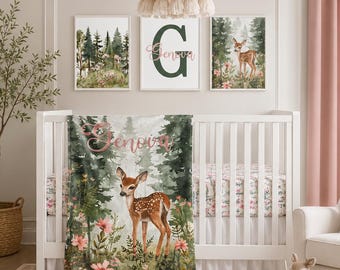Deer Crib Bedding Set: Baby Girl Woodland Nursery, Personalized Blanket