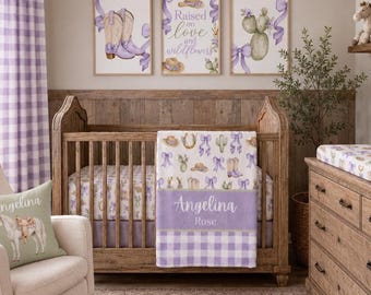 Cowgirl Western Bedding Set for Baby Girl, Lavender Personalized Nursery Decor, Crib Sheet with Name, Horse Throw Pillow, Soft Minky Blanket