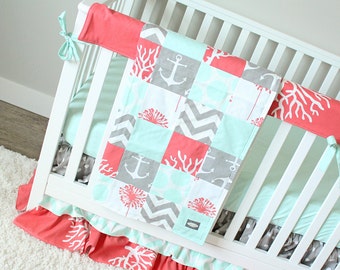 coral and mint nursery bedding