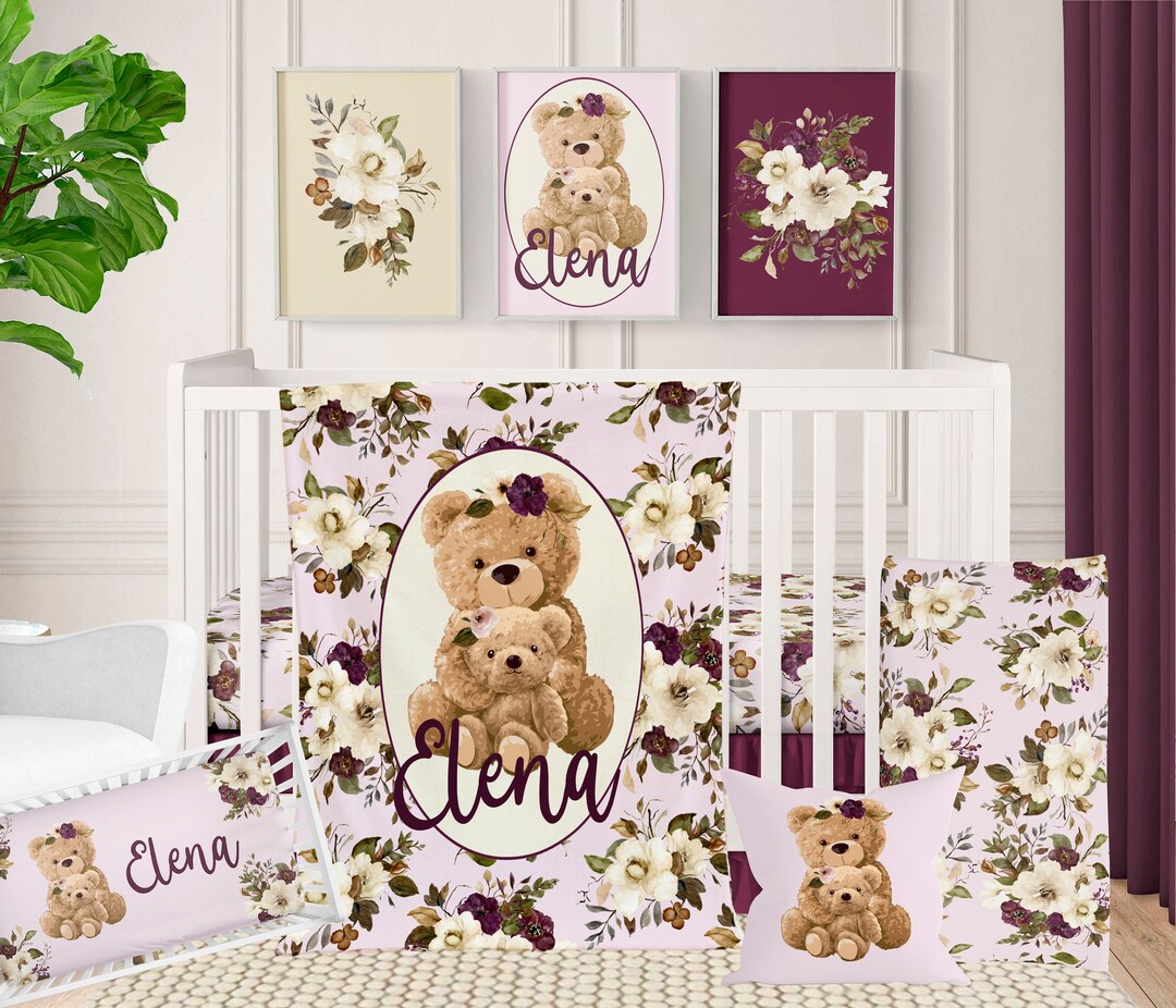 Teddy Bear Crib Bedding Set, Girl Crib Bedding, Floral Baby Bedding