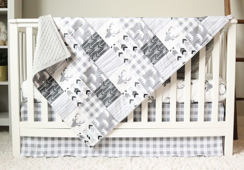 Woodland Crib Bedding Set Gray Deer And Plaid Nursery Baby