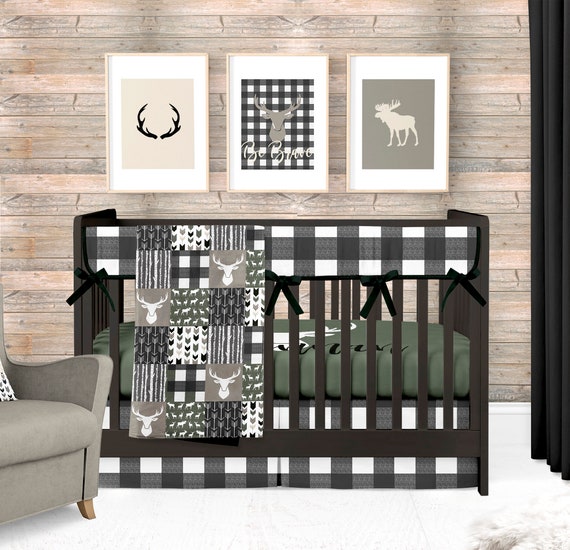 Woodland Nursery Bedding Set Deer Crib Bedding Black And Etsy