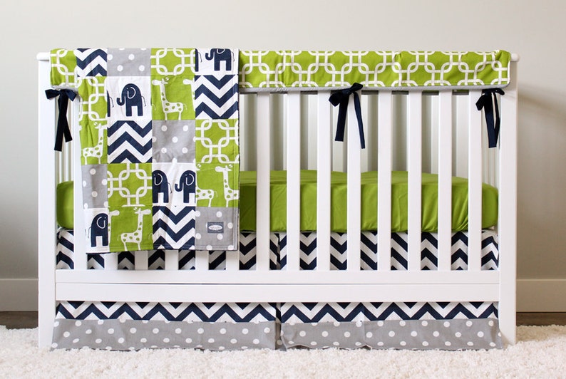Boy Nursery Crib Bedding Set Baby Cribset Lime Green Navy Blue Gray Elephant Giraffe Polka Dots Chevon