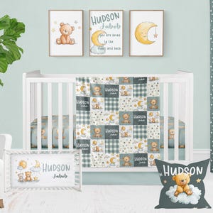Teddy Bear Crib Bedding Set: Green Moon & Stars Nursery Decor, Personalized Baby Shower Gift