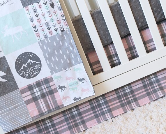 Girl Woodlands Crib Bedding Pink Plaid Skirt Grey Minky