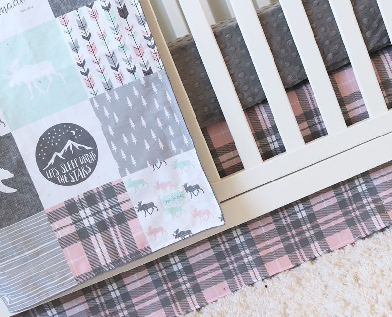 Girl Woodlands Crib Bedding Pink Plaid Crib Skirt Grey Minky Etsy