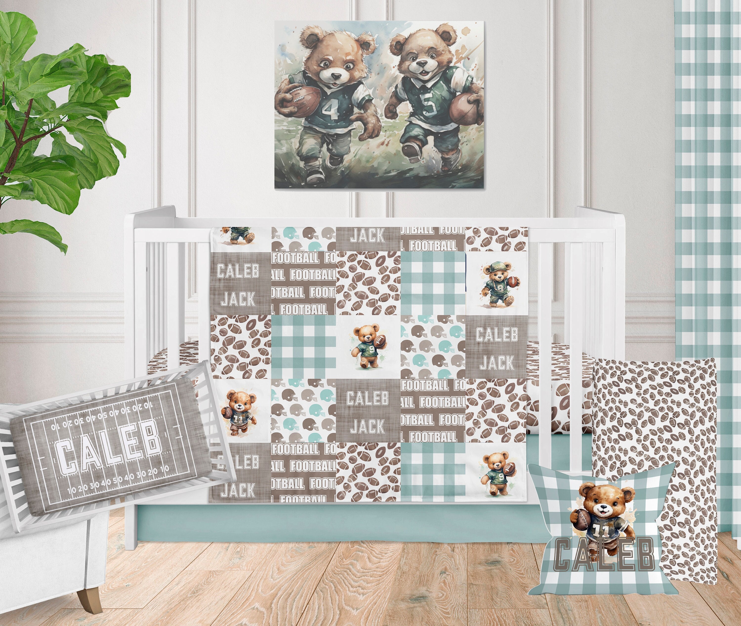 Crib Bedding Boy Football Nursery Crib Set Baby Boy Teddy Bear Sports Baby Bedding Set Blue and Brown Football Theme Baby Gift Personalized Etsy