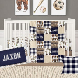 Sports Crib Bedding Set - Custom Name Baby Boy Bedding - Sports Theme Nursery Decor - Football Baseball Boxing - Boy Shower Gift