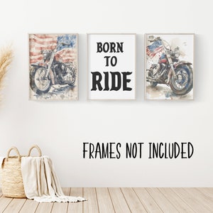May include: Three watercolor prints featuring a motorcycle with an American flag backdrop. The middle print has the text "Born to Ride" in black.
