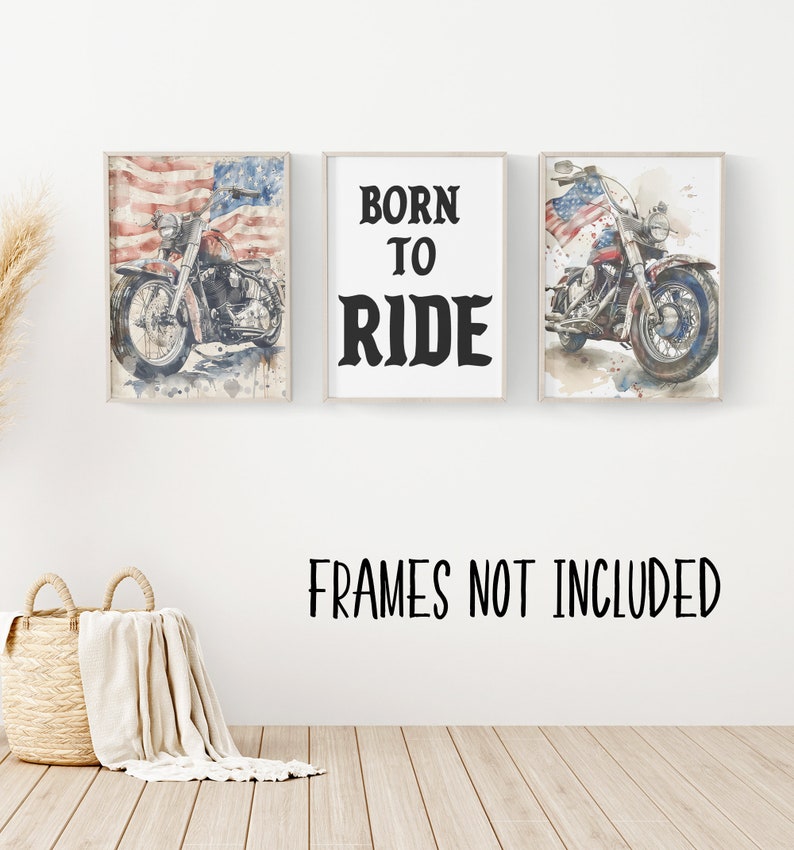 May include: Three watercolor prints featuring a motorcycle with an American flag backdrop. The middle print has the text "Born to Ride" in black.