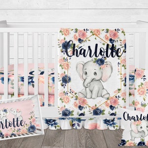 Elephant Floral Baby Girl Crib Bedding Set: Pink Navy Blanket