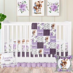 Cow Crib Bedding Set: Lavender Floral Baby Blanket, Farm Nursery Decor