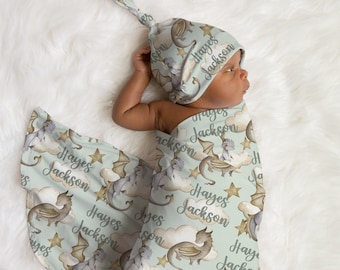 Swaddle Blanket Dragon Themed, Personalized Baby Swaddle Blanket and Hat, Sage Green Baby Name Swaddle Blanket, Baby Shower Gift