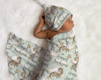 Personalized Dragon Baby Swaddle Blanket and Hat: Sage Green