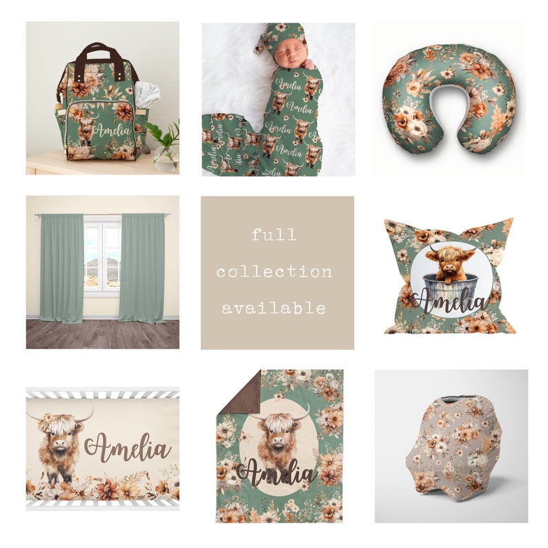 Puede incluir: Una colecci&oacute;n de art&iacute;culos para beb&eacute;s personalizados con un dise&ntilde;o de vaca de las tierras altas. Los art&iacute;culos incluyen una bolsa de pa&ntilde;ales, una manta de arrullo, una almohada, una manta, una funda para el asiento del coche y cortinas. Los art&iacute;culos est&aacute;n todos en un esquema de color verde y marr&oacute;n con acentos florales. El nombre "Amelia" est&aacute; personalizado en cada art&iacute;culo.