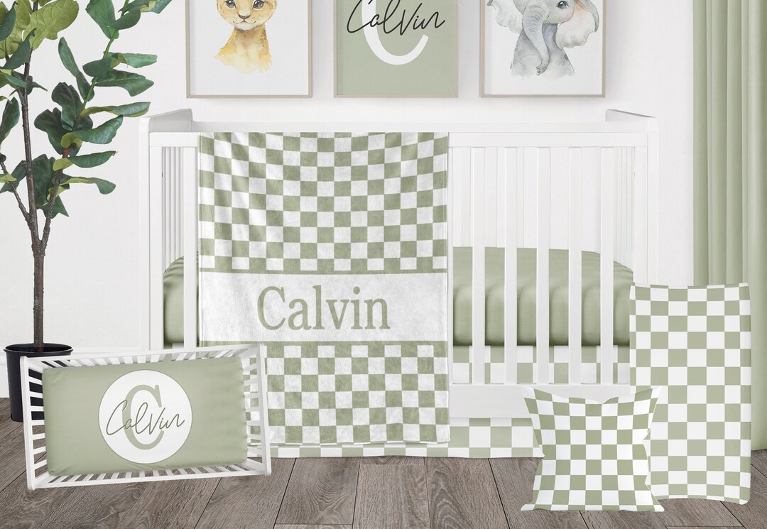 Baby Bedding Checkered, Green Plaid Crib Bedding Set, Celery Green Baby Name Nursery Crib