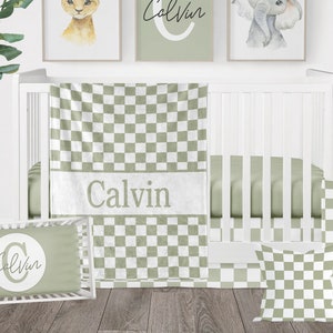 Checker Crib Bedding Set – Sage Green Baby Nursery, Modern Checkered Blanket & Pillow, Personalized Baby Shower Gift