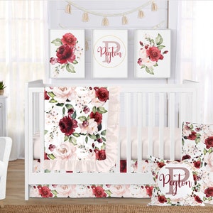 Floral Crib Bedding Set Baby Girl in Pink and Burgundy Red Baby Bedding New Baby Girl Shower Gift Ruffle Blanket Crib Skirt Crib Sheet