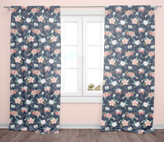 Floral Curtains In Pink And Navy Blue For Baby Girl Nursery Etsy