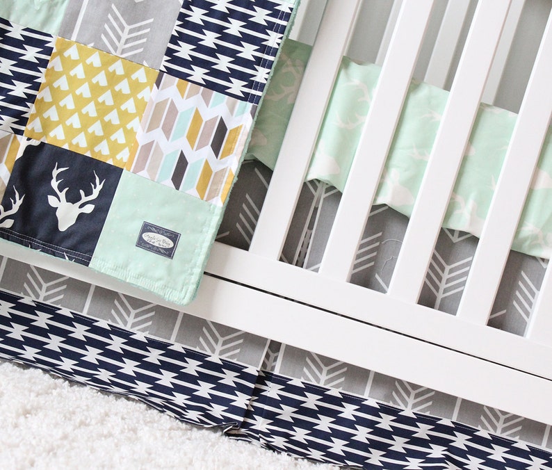 Baby Boy Crib Bedding Set in Mint Navy Blue and Mustard Etsy