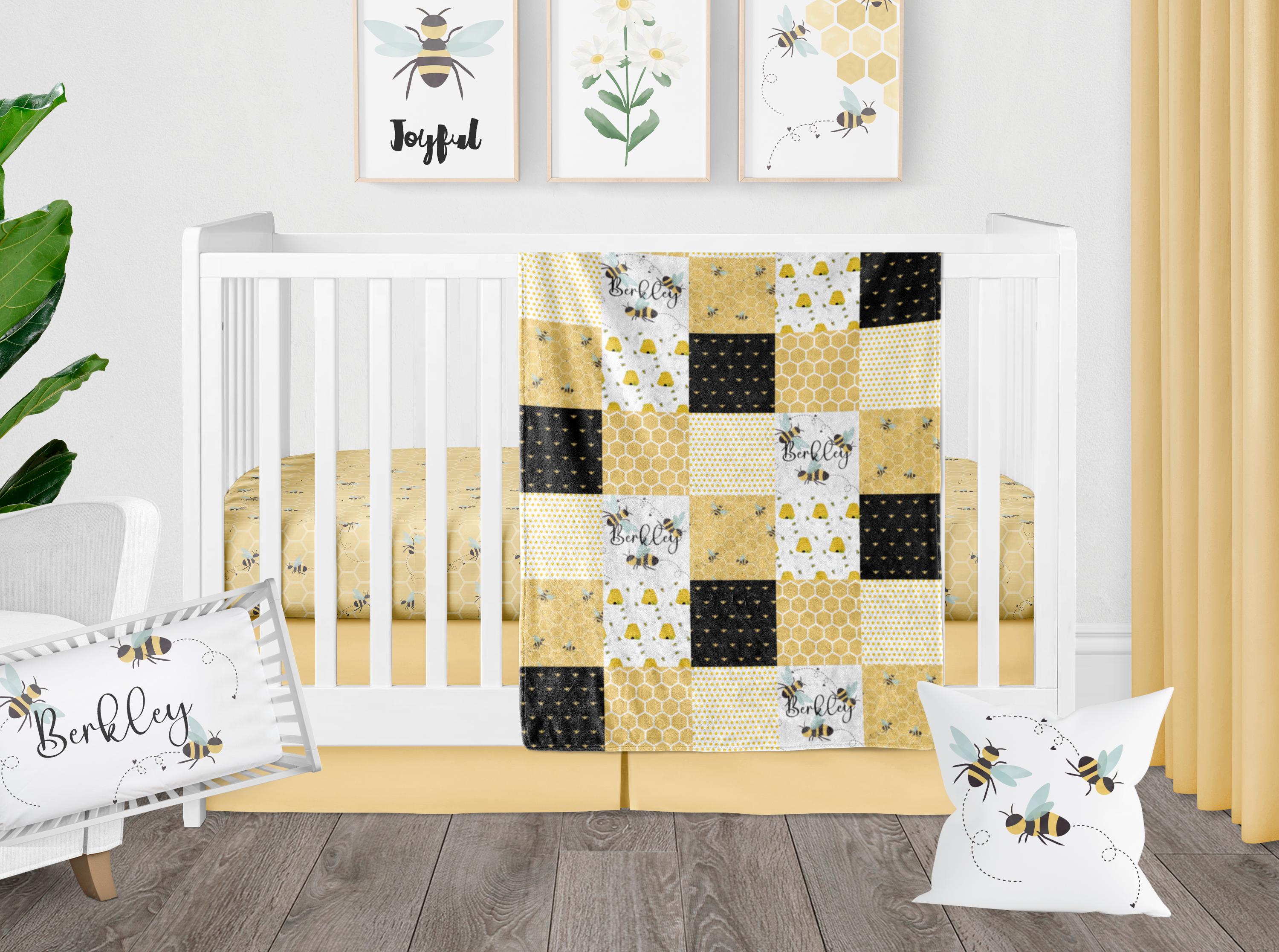 Bee Crib Bedding Set - Personalized Baby Girl Honeybee Nursery Decor - Custom Name Blanket, Crib Sheet - Yellow and Black Bumblebee Theme