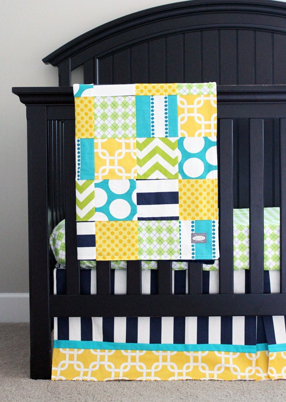 Items similar to Modern Baby Bedding, Turquoise, Yellow, Navy, Lime Green Baby Boy Crib Bedding