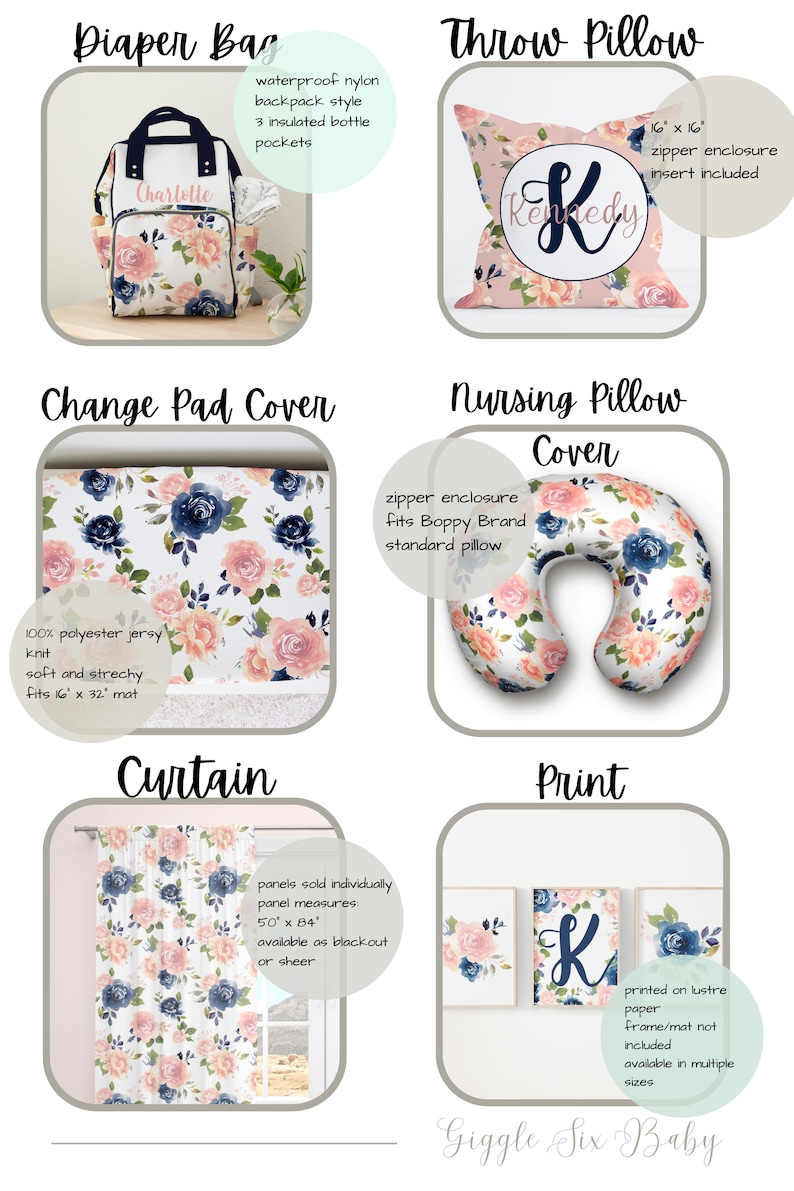 Crib Bedding Set Girl, Floral Nursery Bedding, Pink and Navy Blue Baby Girl Crib Bedding Set, Personalized Baby Decor image 7