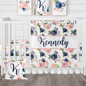 Floral Crib Bedding Set: Baby Girl Nursery Decor in Navy & Pink, Personalized Shower Gift