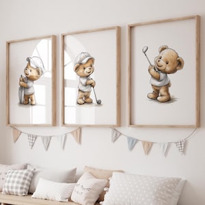 Teddy Bear Art Prints for Nursery, Golfing Teddy Bear Wall Decor Baby Golf Themed Nursery, UNFRAMED Prints or Canvases