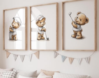 Golfing Teddy Bear Nursery Art Prints (Set of Three)