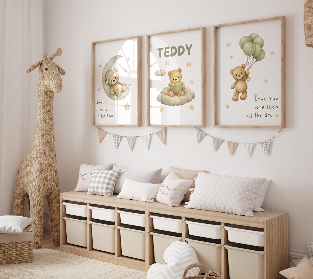 Teddy Bear Nursery Wall Art Set of 3, Neutral Baby Prints, Sage Green ...