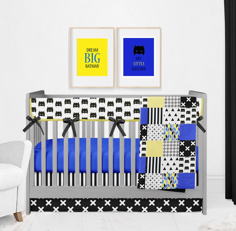 Batman Boy Crib Bedding Set Superhero Nursery Theme Baby Quilt Fitted Sheet Skirt Teething Rail Cover Royal Blue Black And Yellow