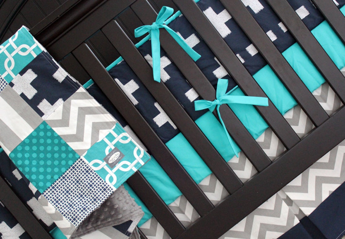 Modern Crib Bedding Set Navy Blue Teal Gray Boy Nursery Etsy