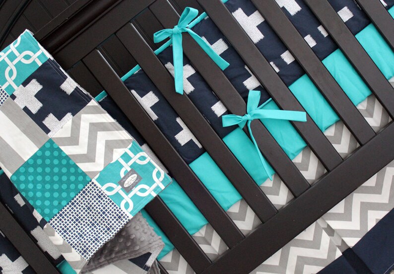 Baby Boy Crib Bedding Set Navy Blue and Teal Nursery Chevron Etsy