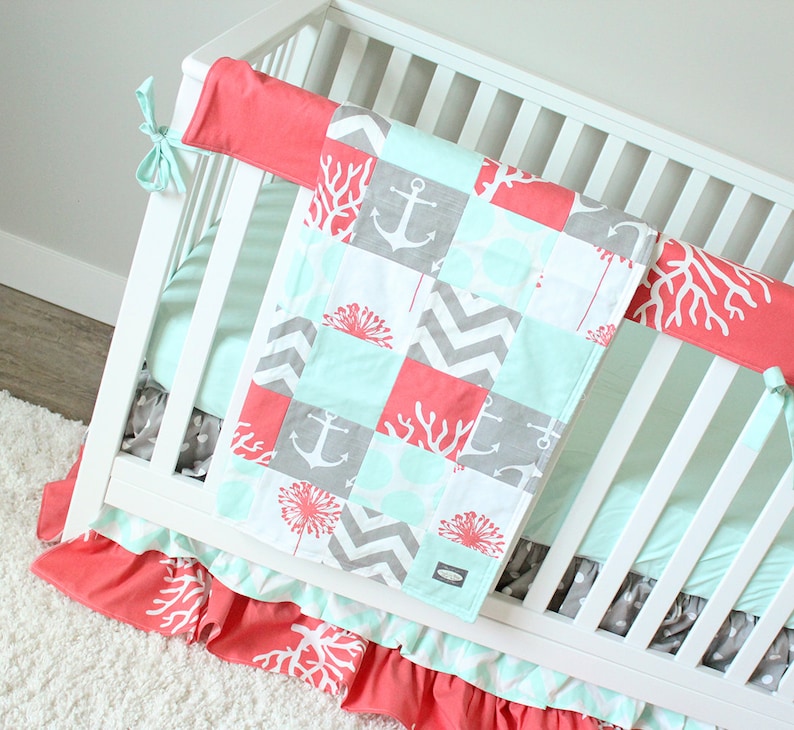 Ocean Baby Girl Crib Bedding Coral Mint Gray Baby Bedding Etsy
